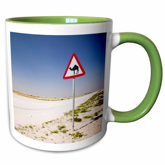3drose, Qatar, Al Zubarah. Camel Crossing Sign-road-as30 Wbi0165 - Walter Bibikow, 11oz Two-tone Green Mug