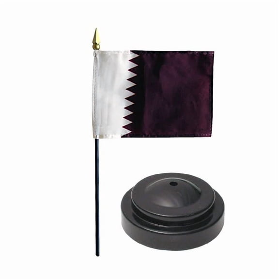 Qatar Desk Flag with Base; American Made Rayon 4x6 inch Miniature Table Set Includes One Small Mini Country Stick Flags and One Black Stand (Qatar Desk Flag and Base)