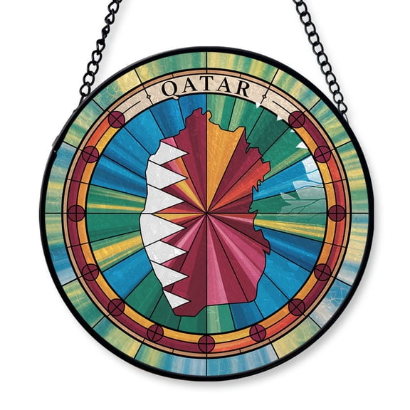 Qatar Travel Decor Suncatcher Stained Glass Window Hanging, Gift for Traveller, Collection of Country Travel Souvenirs for Family and Friends, Qatar Map and Flag Décor