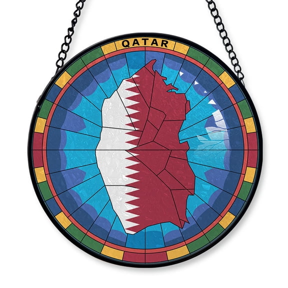 Qatar Travel Decor Suncatcher Stained Glass Window Hanging, Gift for Traveller, Collection of Country Travel Souvenirs for Family and Friends, Qatar Map and Flag Décor