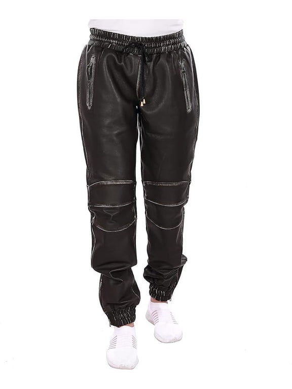 Black Color Mens Leather Joggers Pant for Bikers & Riders, Moto Sports Drawstring Pants, Trousers for Boys - Slim Fit Joggers