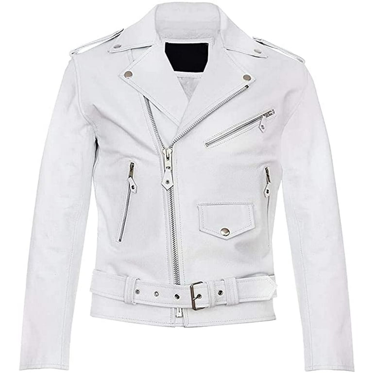 White company leather biker jacket hotsell