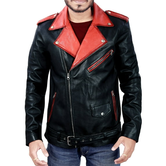 Qawach Men Pure Genuine Leather Jacket Lambskin Winter Vintage Motorcycle Biker, Black & Red, XL