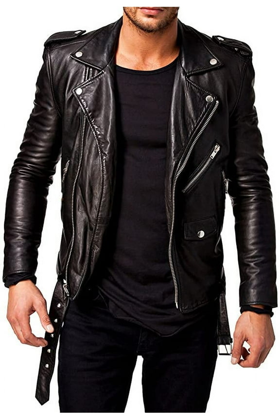 Men Pure Genuine Leather Jacket Lambskin Winter Vintage Motorcycle Biker Black Size M