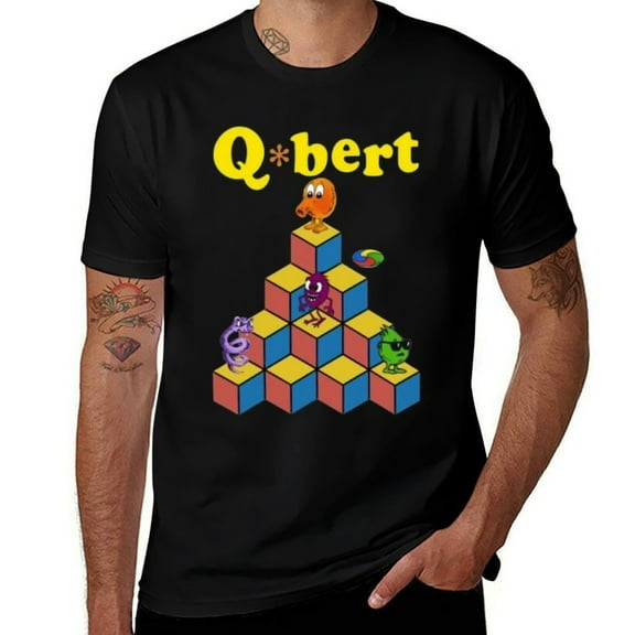 Qbert Retro Video Game Graphic Mens T Shirts Cotton Short Sleeve T-Shirt Crew Neck Tees Casual Shirt