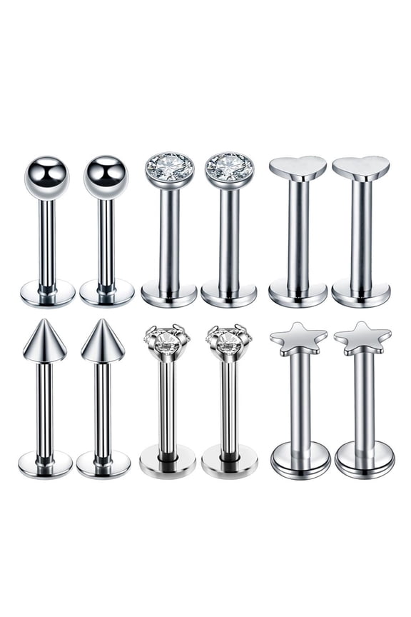 12 Pack 16G Stainless Steel Lip Rings, Cubic Zirconia Studs, Labret Piercing Kit Silver