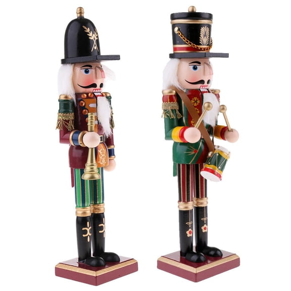 QccHieUs 2 X 30cm Wooden Soldier Nutcracker with Drum And Horn, Traditional with Peppermint Hat Perfect for Any Collection, Shelves & Tables