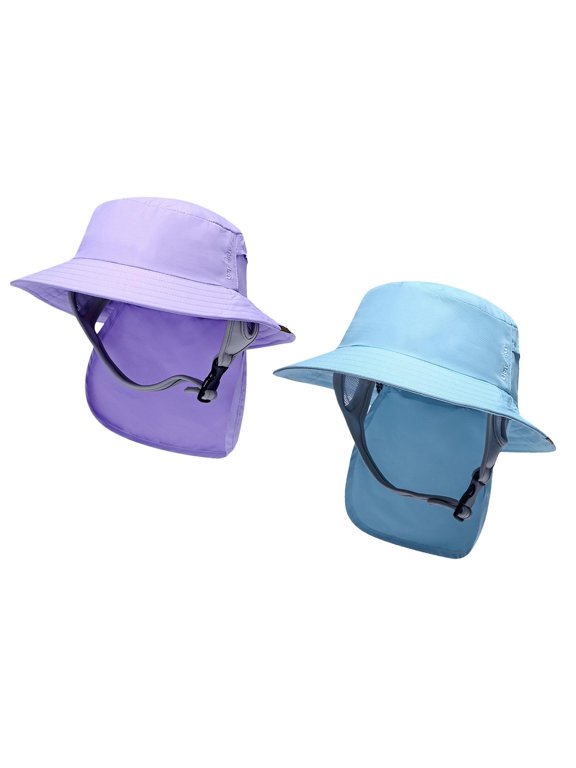 2Pieces Lightweight Surf Bucket Hat with Chin Straps Fisherman Caps Big Brim Violet and Blue