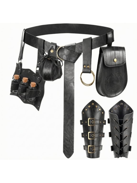3 Pieces Belt with Pouch and Bracers Embossed for Halloween, Cosplayers, Larpers Black 6-piece SET