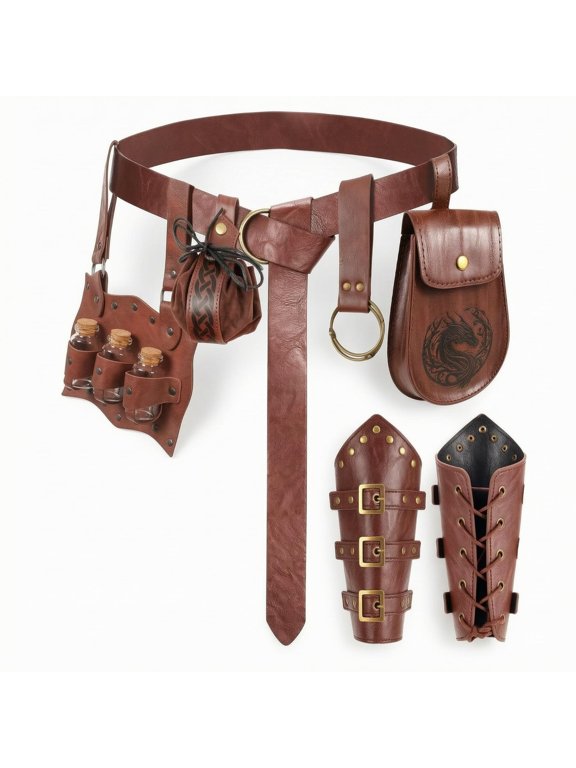 3 Pieces Belt with Pouch and Bracers Embossed for Halloween, Cosplayers, Larpers Brown 6-piece SET