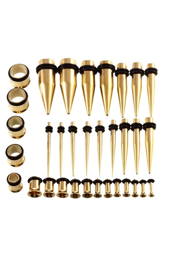 36 Pieces Ear Gauges Stretching Kit Plugs Taper 14G-00G Expanders Gold