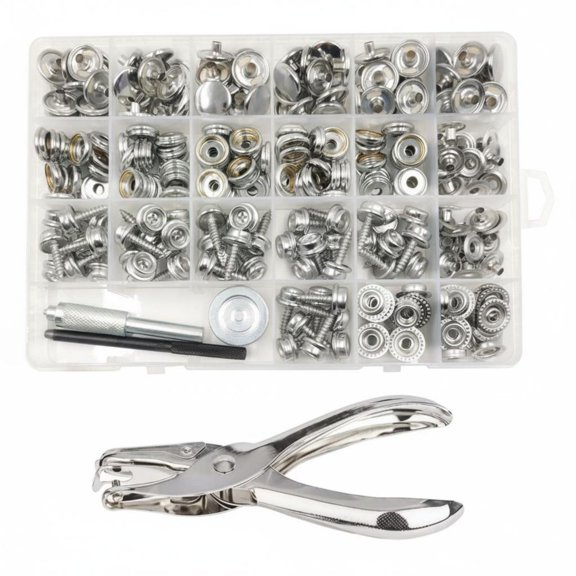 QccHieUs 80 Pieces Industrial Fastener Snap Screw Kit Stainless Steel Button Set with Punch Tool for Reliable Textile and Leather Attachment Suitable for Everyday Repair Outdoor Gear Silver