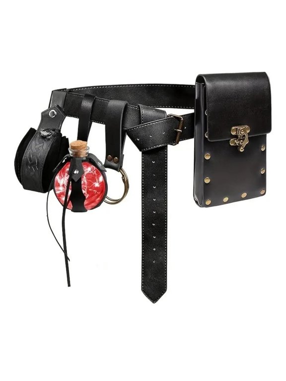 Belt with Pouch Witch Belt with Bottle Charm Faux Leather Potion Bottle for Cosplayers, Witches, Costume Parties Black SET a