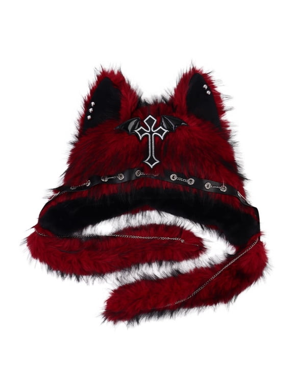 Faux Faux Cat Ear Hat Gothic Hat with Ear Flaps Fuzzy Edgy for Women, Streetwear Red