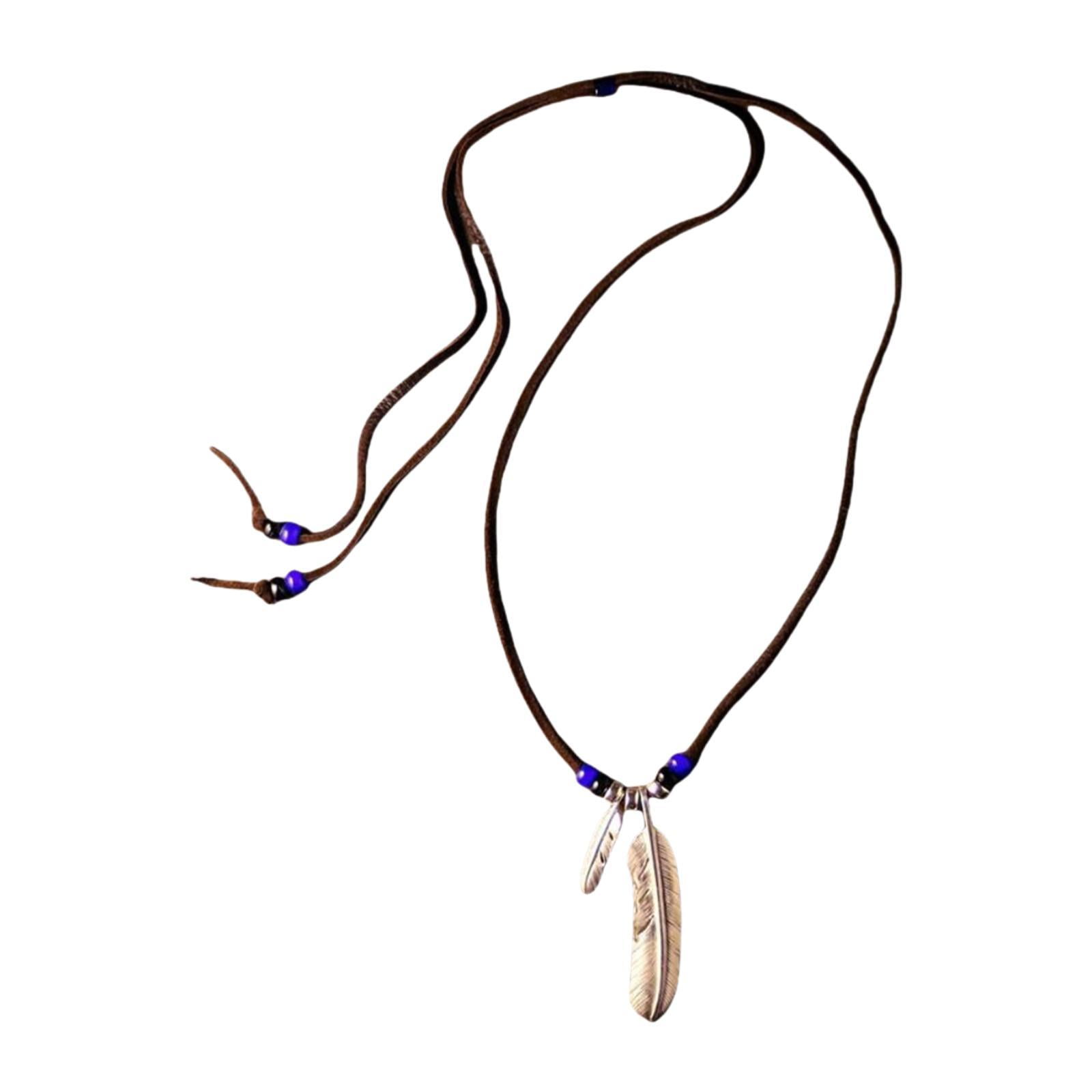 QccHieUs Feather Pendant Necklace Adjustable PU Leather Cord Jewelry Tribal Feather Charm normal