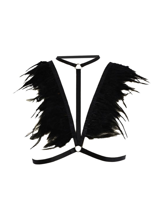 Feather Strappy Bra Cupless Shoulder Wrap Elastic Gothic Trendy Harness Lingerie