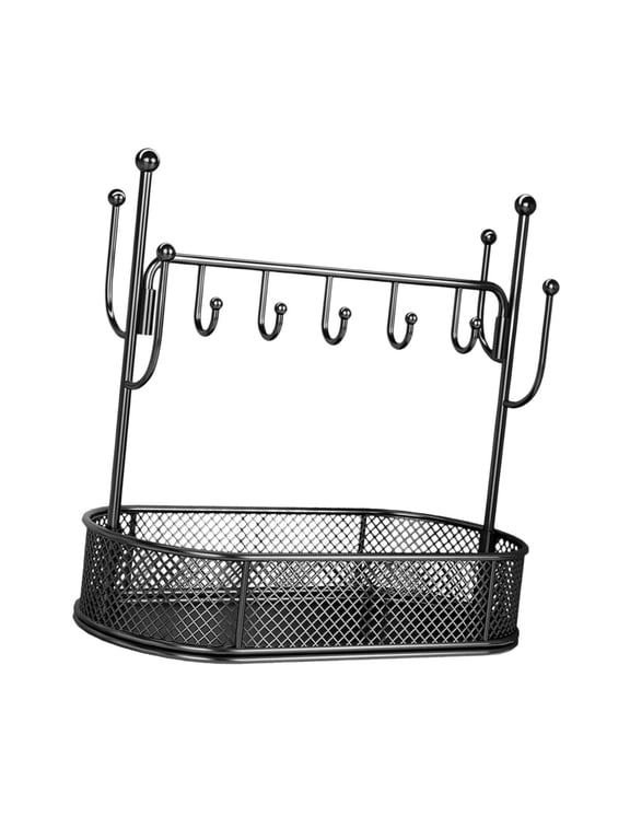 Jewelry Display Stand Hanging Organizer with Hooks Key Rack Decorative with Tray Black