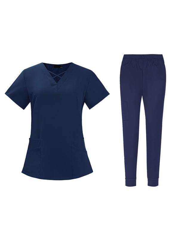 Nursing Scrub Set Comfortable 62cm-86cm Elastic Waist Clothes Scrubs for Doctors Navy Blue S