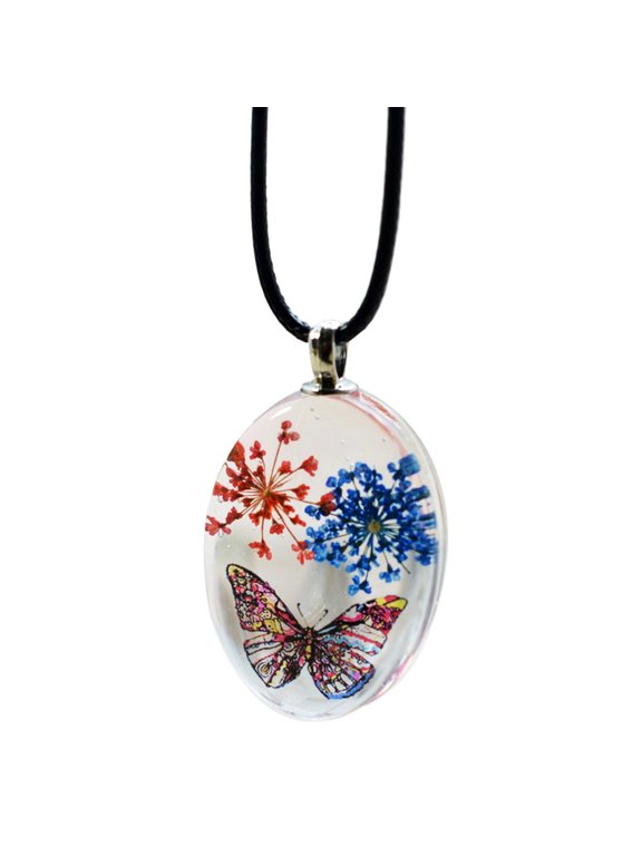 Oval Shape Glass Necklace Pendants With Dried Flowers Design Time Gem Jewelry