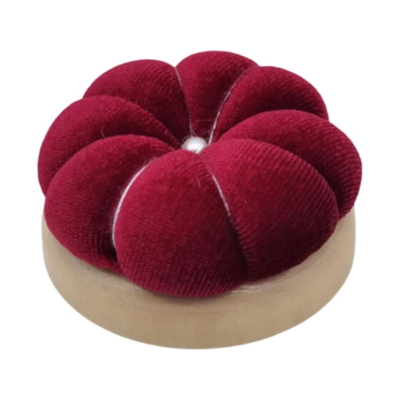 QccHieUs Pin Cushion Needle Pad Pumpkin Shape Accessory Handcraft Tool Wooden Base Pillow Deep Red