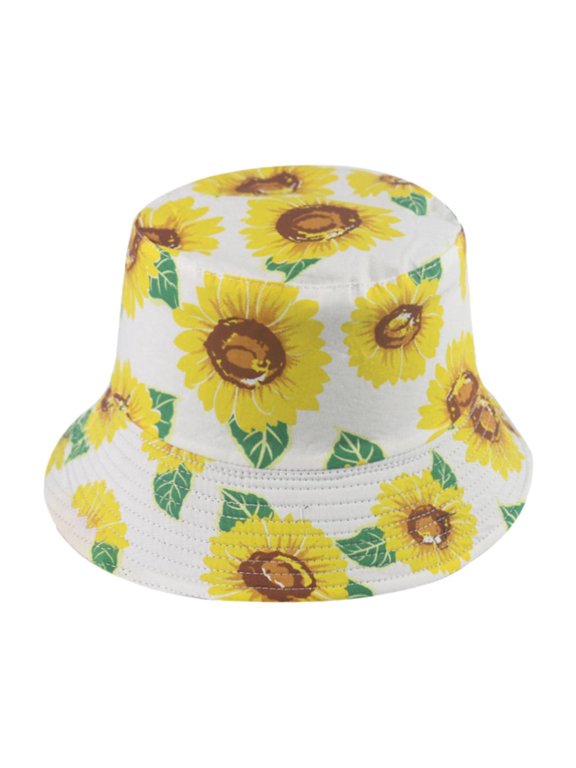 Reversible Bucket Hat Sunflower Print Cotton Hats For Women Men White