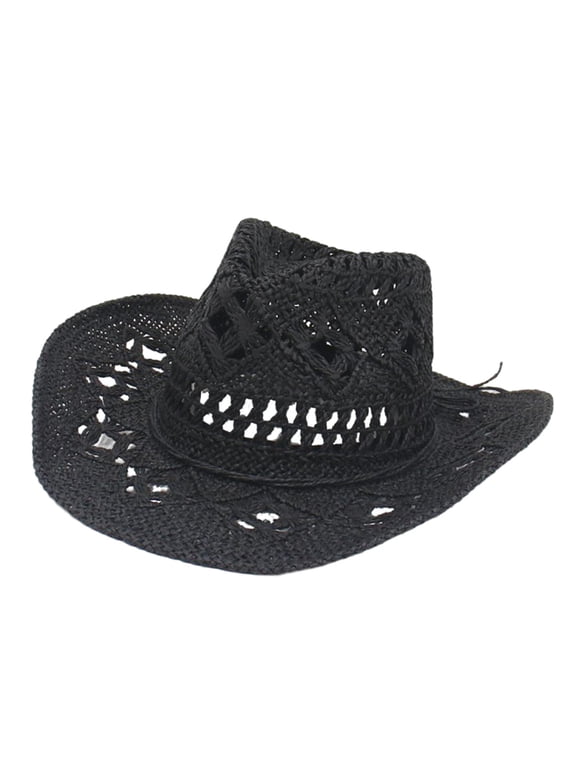 Straw Cowboy Hat Handmade Weave Straw Hats Wide Brim Sun Hat for Holiday Black