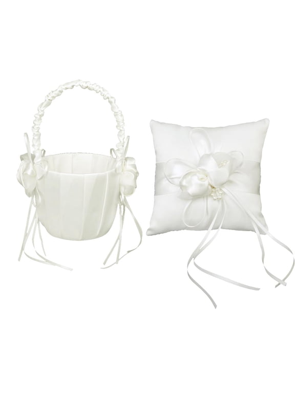 White Satin Bowknot Bearer Pillow and Wedding Flower Girl Baskets Set, 6 x