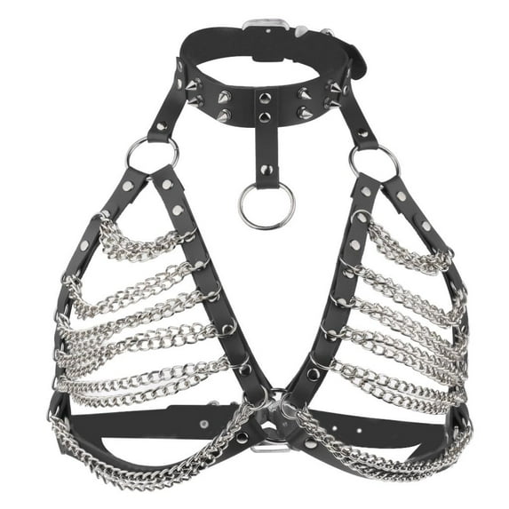 QccHieUs Women's Faux Leather Choker Collar Chain Harness Adjustable Steampunk Body Black+Silver Chain
