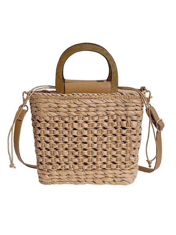 Women Straw Woven Tote Handmade Purse Casual Bags Top Handle Satchel Drawstring Khaki
