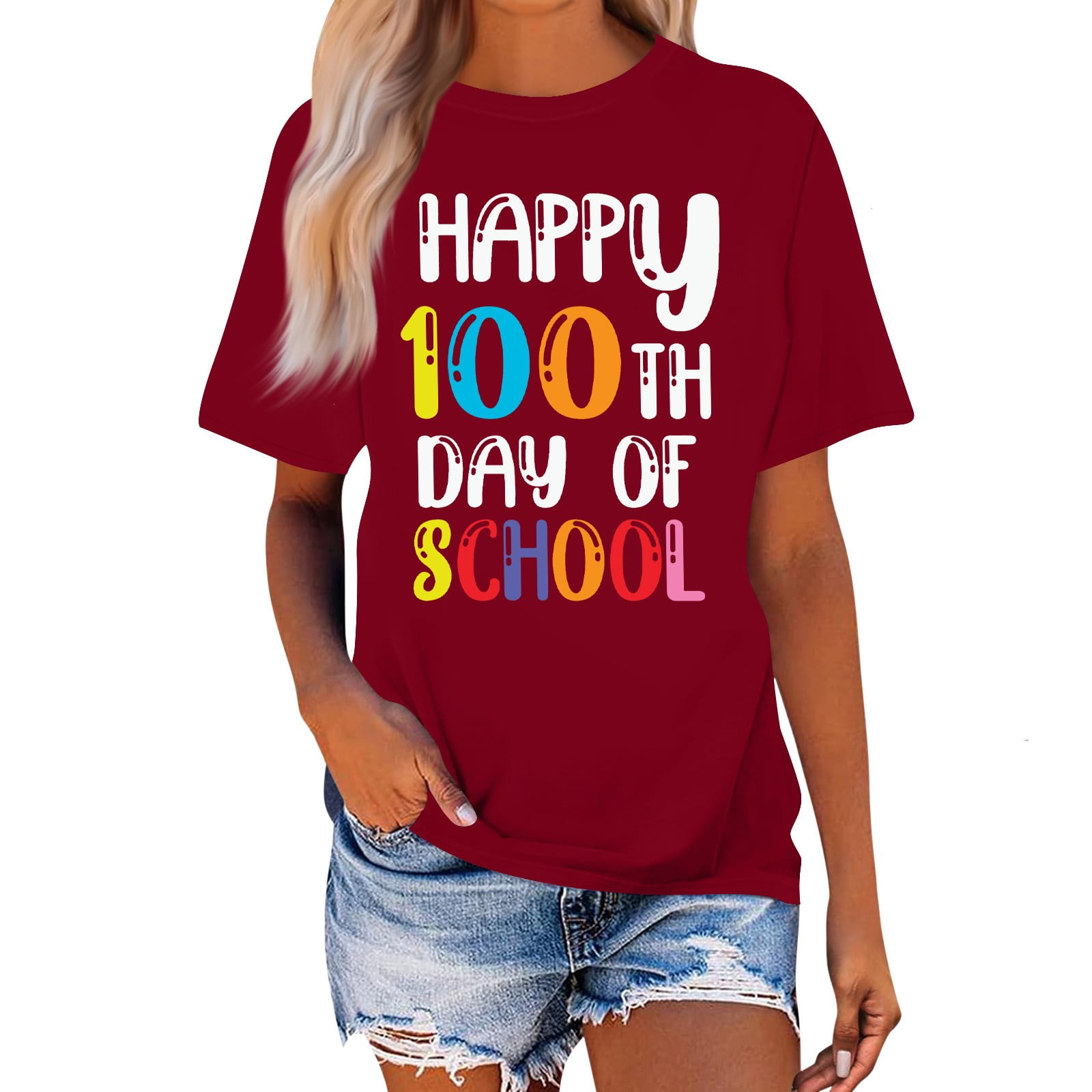 Qcmgmg 100th Day Of School Shirts for Adults Short Sleeve Crew Neck Womens T Shirts Kindergarten