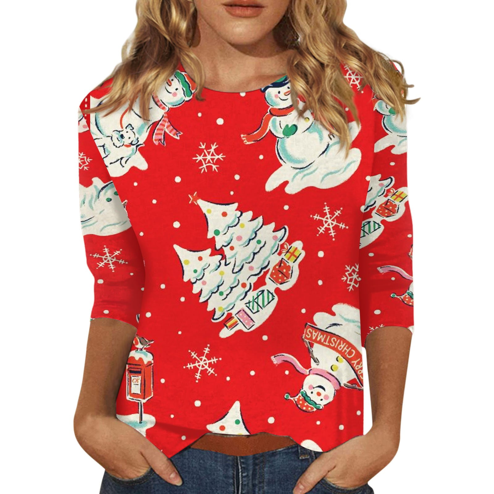Qcmgmg 3/4 Sleeve Shirts for Women Christmas Crewneck Christmas Tree 3/