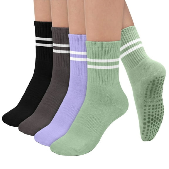 Qcmgmg 4 Pairs Stripe Non-Slip Compression Socks for Women Plus Size Fall Winter Mid-Calf Ankle Compression Socks for Women Green Free Size