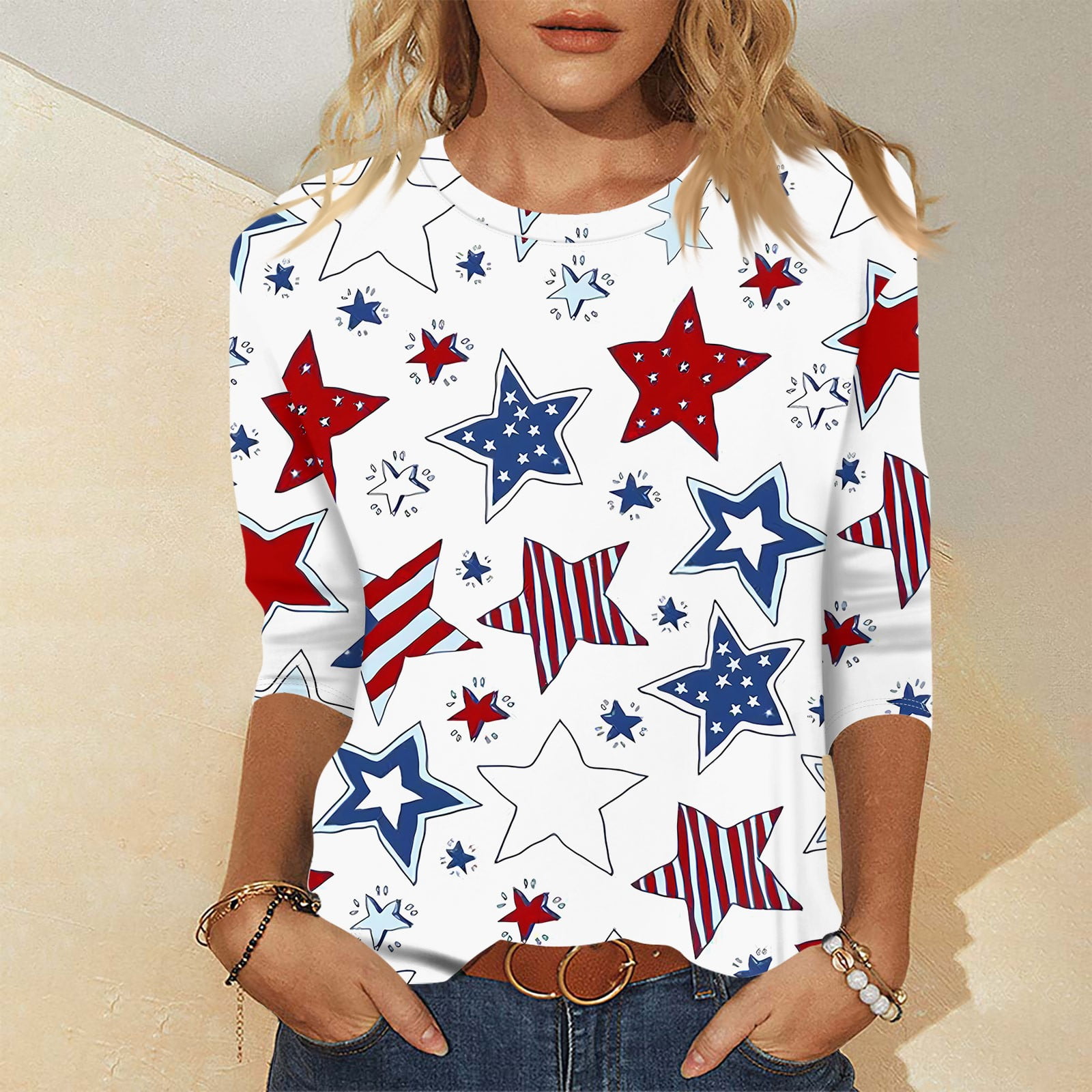 Qcmgmg 4th of July Tops for Women 3/4 Sleeve Independence Day Stars Striped Blouse American Flag 