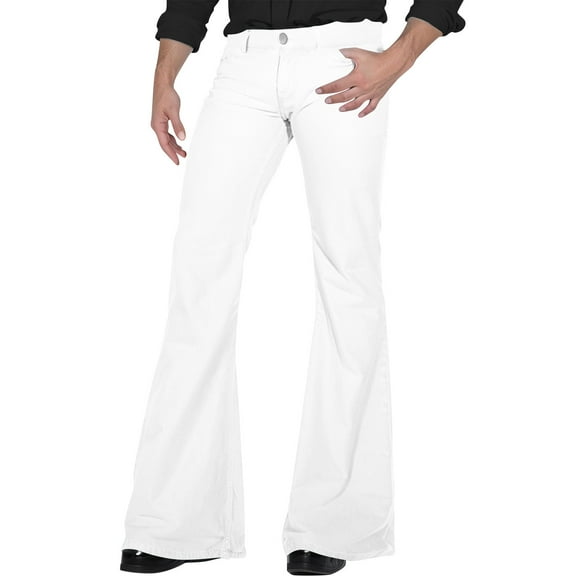Qcmgmg 70s Disco Pants for Men,Mens Bell Bottom Jeans Pants,60s 70s Bell Bottoms Vintage Denim Pants Jeans for Men White L