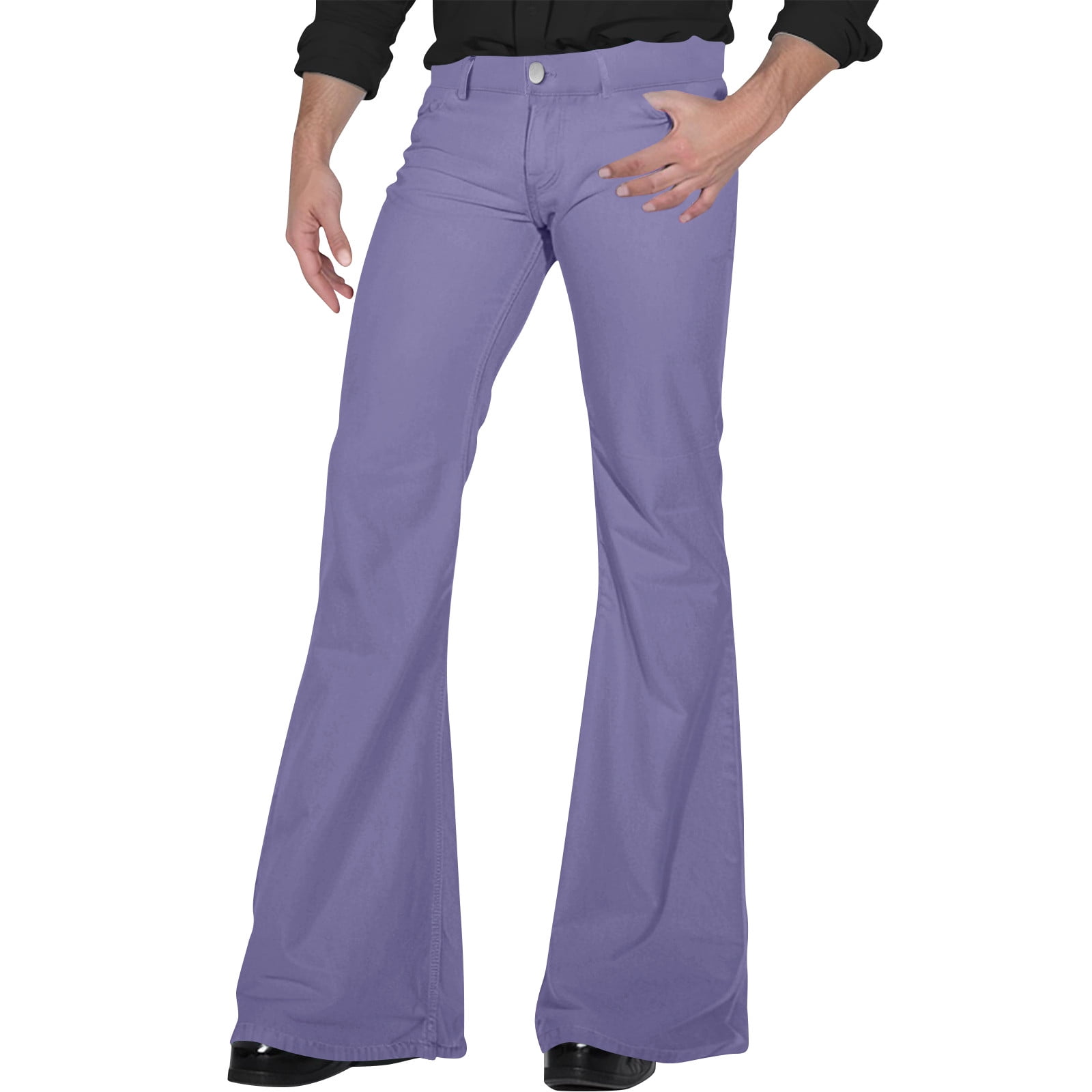 Qcmgmg 70s Disco Pants for Men Mid Waist Jeans 60s Vintage Bell Bottoms  Slim Leg Solid Color Slim Fit Casual Denim Pants Light Purple S