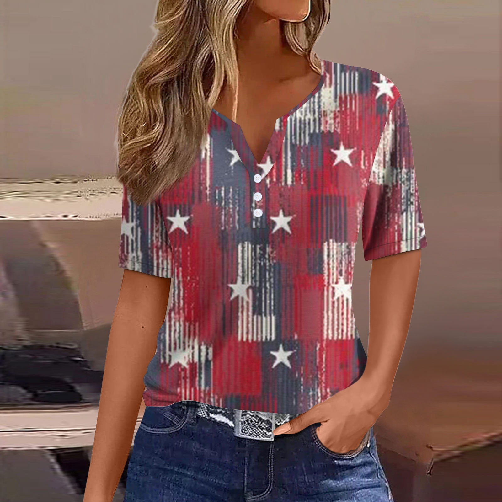 Qcmgmg American Flag Blouses Henley V Neck Independence Day Stars ...