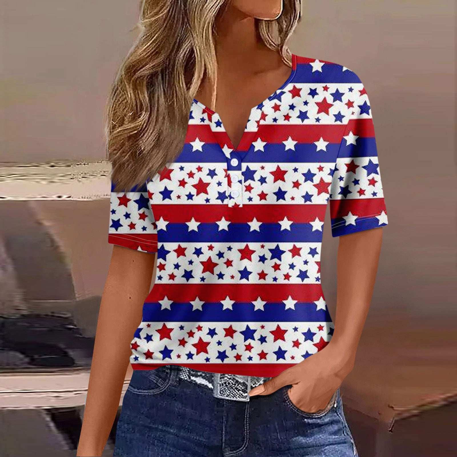 Qcmgmg American Flag Tees Women Stars Striped Patriotic Short Sleeve ...