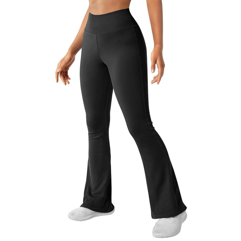 Qcmgmg Bootcut Leggings Women Petite Ribbed High Waisted Yoga Pants Women Seamless Flare Workout Bell Bottom Pants Teens Tummy Control Crossover Yoga