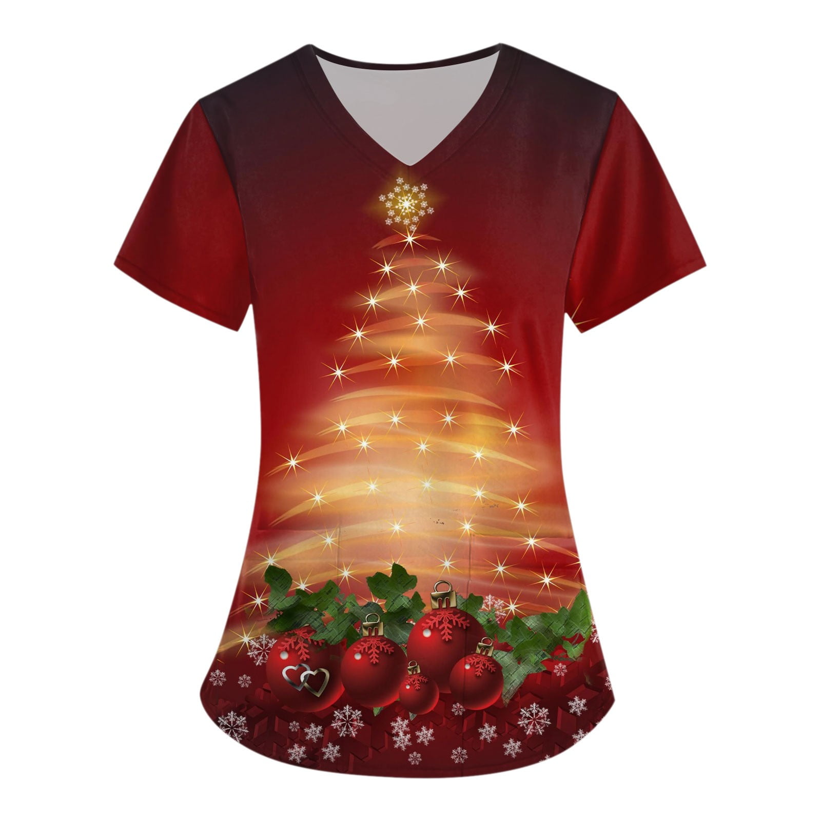 Qcmgmg Christmas Scrub Tops Women Plus Size V Neck Short Sleeve