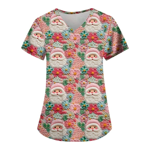 Qcmgmg Christmas Scrub Tops for Women V Neck Cute Santa Claus Snowflake Print Nursing Scrubs Short Sleeve Xmas Funny Workwear Medical Uniforms Purple Pink S