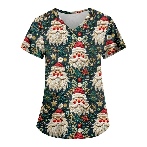 Qcmgmg Christmas Scrub Tops for Women V Neck Cute Snowflake Reindeer Print Nursing Scrubs Short Sleeve Xmas Plus Size Workwear Medical Uniforms Dark Green XL