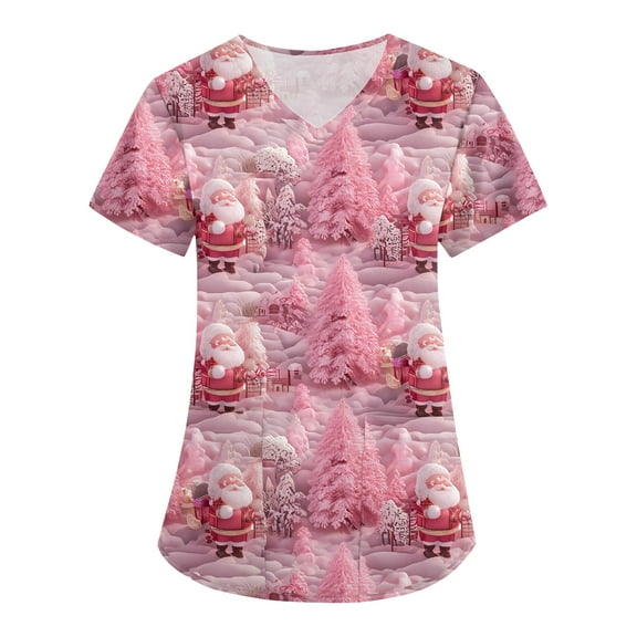 Qcmgmg Christmas Scrub Tops for Women V Neck Plus Size Santa Claus Reindeer Print Medical Uniforms Short Sleeve Cute Workwear Xmas Nursing Scrubs Pink 3XL