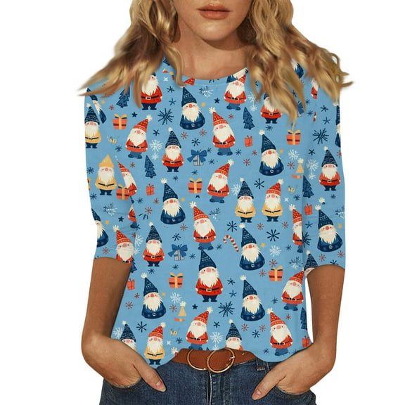 Qcmgmg Christmas Shirts for Women 3/4 Sleeve Cute Santa Claus Christmas Tree Print Tunic Tops Crew Neck Fall Funny Snowman Print T-Shirt Blue XL