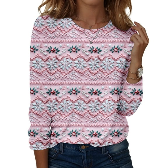 Qcmgmg Christmas Shirts for Women Crew Neck Casual Snowman Reindeer Print T-Shirt Long Sleeve Cute Funny Santa Claus Print Blouses Pink 3XL