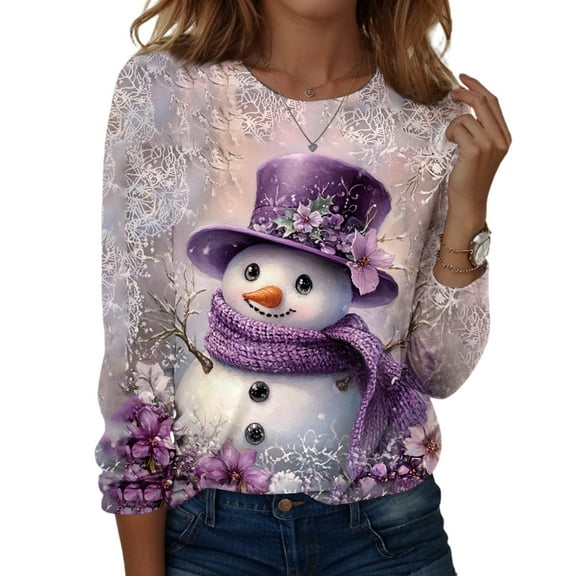 Qcmgmg Christmas Shirts for Women Crew Neck Funny Snowman Christmas Tree Print Tunic Tops Long Sleeve Fall Xmas Snowflake Print Tops Purple L