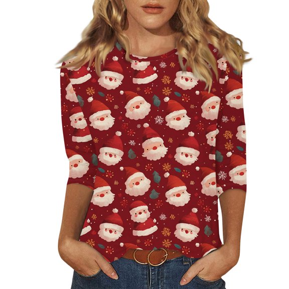 Qcmgmg Christmas Shirts for Women Crew Neck Xmas Reindeer Santa Claus Print Blouses 3/4 Sleeve Casual Winter Christmas Tree Print Tunic Tops Red 2XL