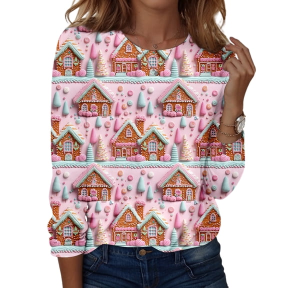 Qcmgmg Christmas Shirts for Women Long Sleeve Funny Santa Claus Snowman Print Tunic Tops Crew Neck Fall Xmas Reindeer Print Blouses Light pink L