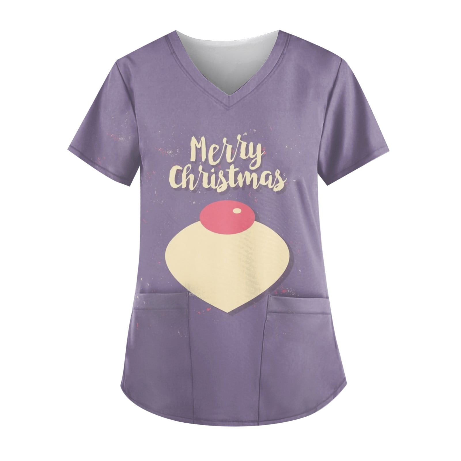 Qcmgmg Christmas V Neck Scrub Tops Women Santa Claus Short Sleeve
