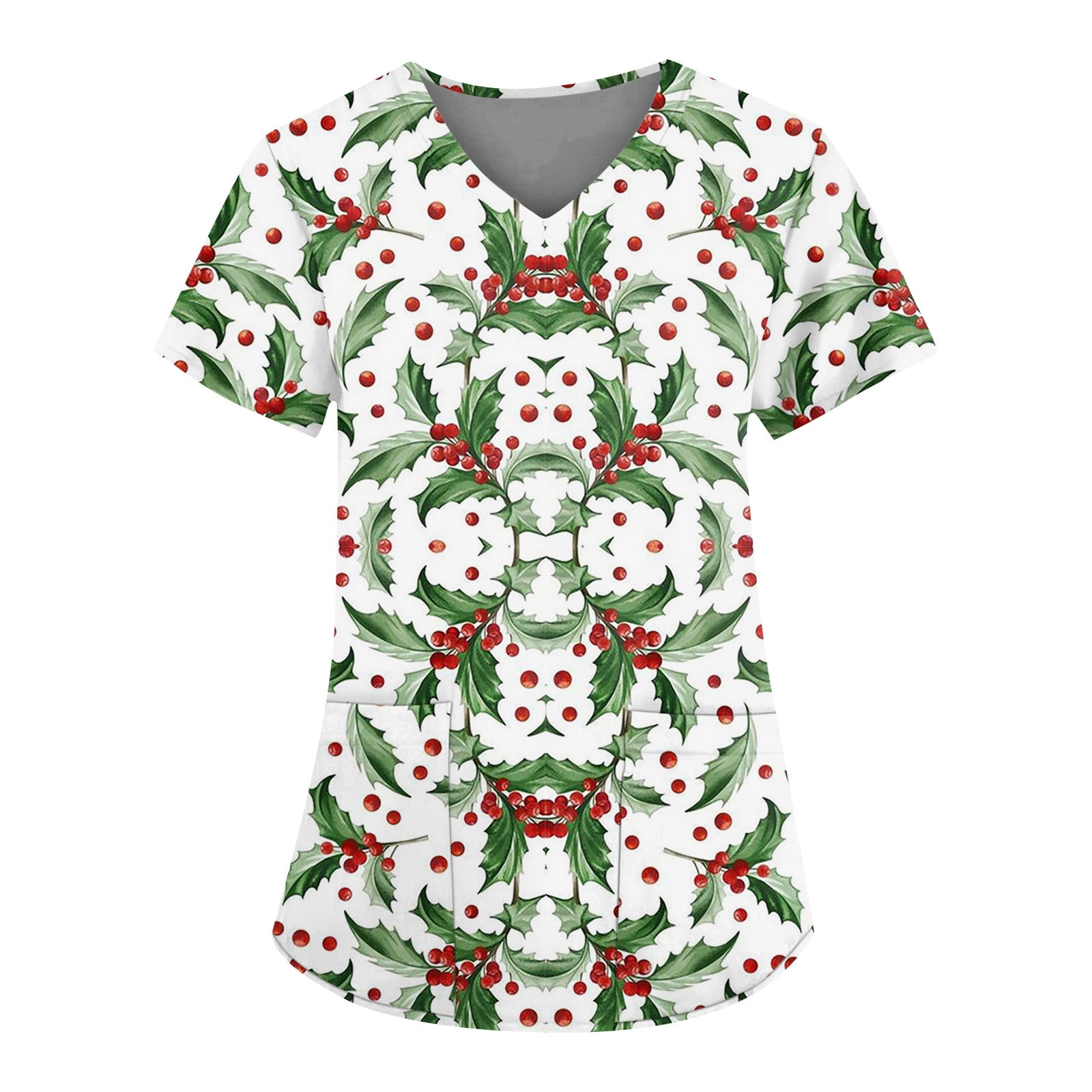 Qcmgmg Christmas V Neck Scrub Tops Women Christmas Tree Short Sleeve