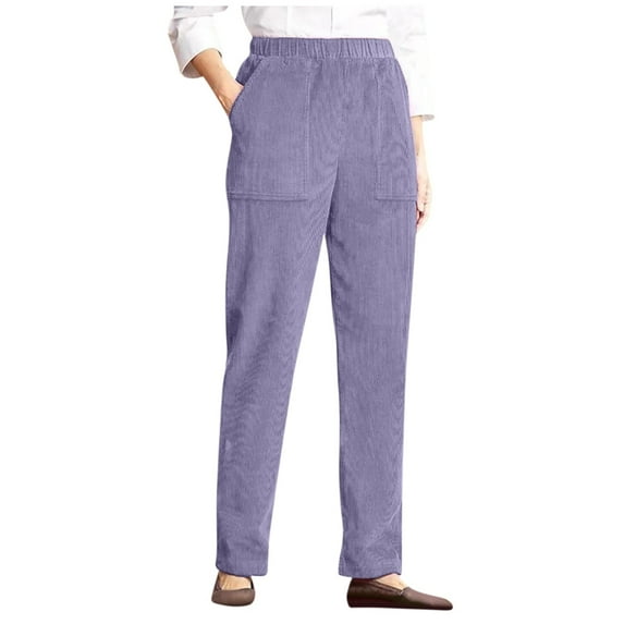 Qcmgmg Corduroy Pants Pull on High Waisted Fall Wide Leg Pants for Women Slacks Elastic Casual Lounge Pants for Women Pajama Winter Petite Fashion Trousers with Pockets Purple M